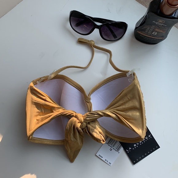 La Blanca Gold Ruched Two Piece Bandeau Bikini Set Halter Tie Wear It 3 Ways ⭐️ - Picture 8 of 16